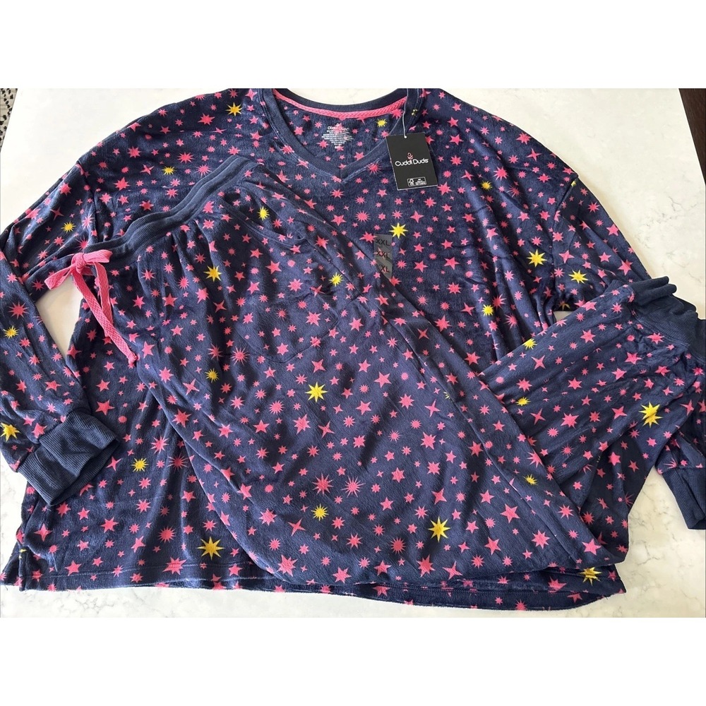 Cuddl Duds V-neck Celestial Star Fleece Pajama Top Joggers Pants Set XXL 2 Piece